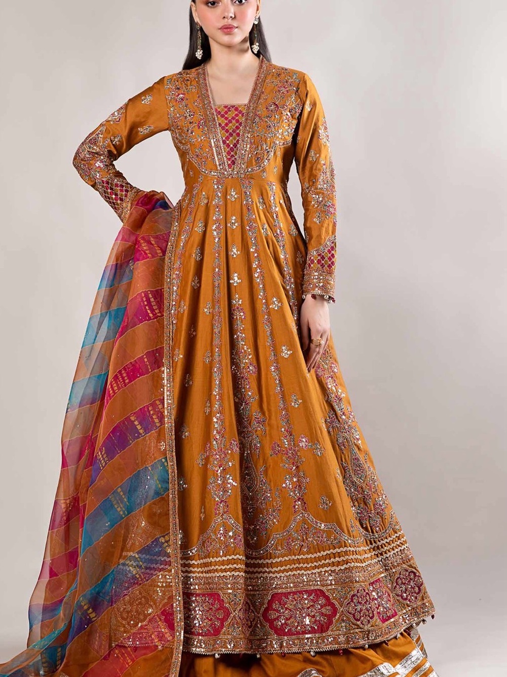 Mustard Long Embroidered Maxi Dress with Multicolor Dupatta